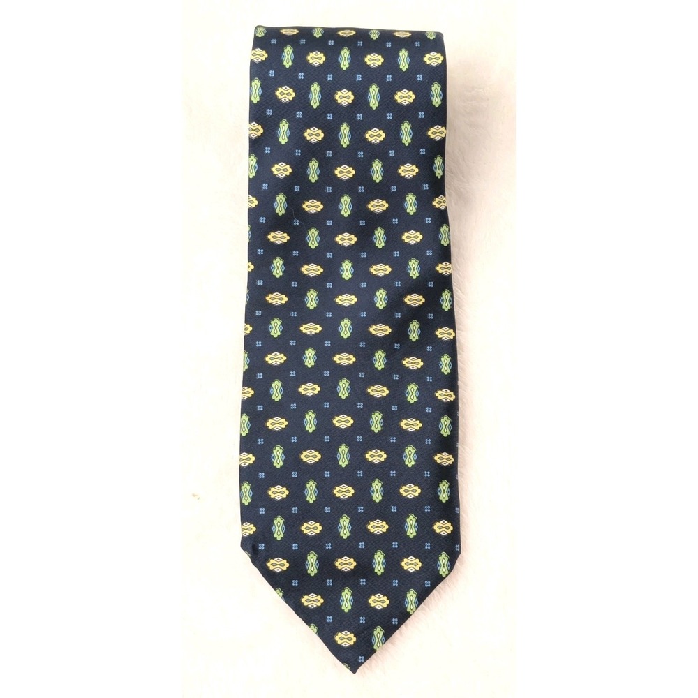 Luciano Firenze Italy Silk Tie Navy Blue Geometric‎ Pattern 100% Seta Vintage